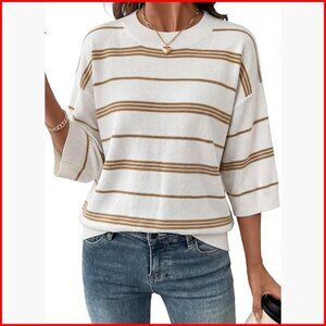 Lightweight Knit Pullover Sweater 3/4 Sleeve Oversized Crewneck Casual Top